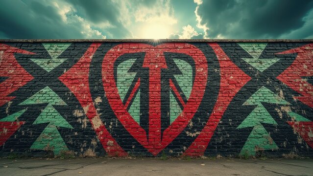 Colorful heart and arrows mural on brick wall under dramatic sky