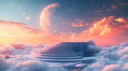 Stairway to Celestial Dreams: A mesmerizing view of a stairway floating amidst the clouds, bathed in the ethereal glow of a surreal sunset, the vast expanse of a crescent moon.