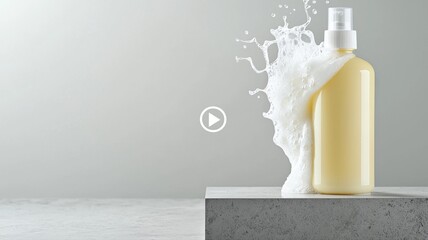 Obraz premium Cream bottle with a splash on a stone surface against a grey background, symbolizing freshness and innovation.