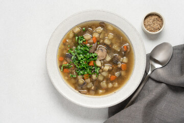 Mushroom country soup with parsley in gray bowl on gray background with copy space. Cozy seasonal...
