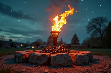 Outdoor fire pit with flaming torch surrounded by chain and bricks at night