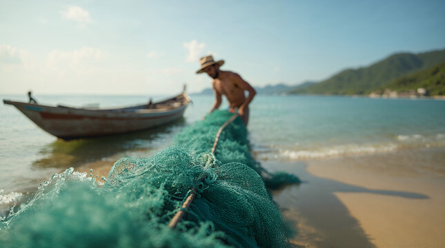 Pescador brasile&ntilde;o tirando red de pesca artesanal en playa tropical de Bah&iacute;a