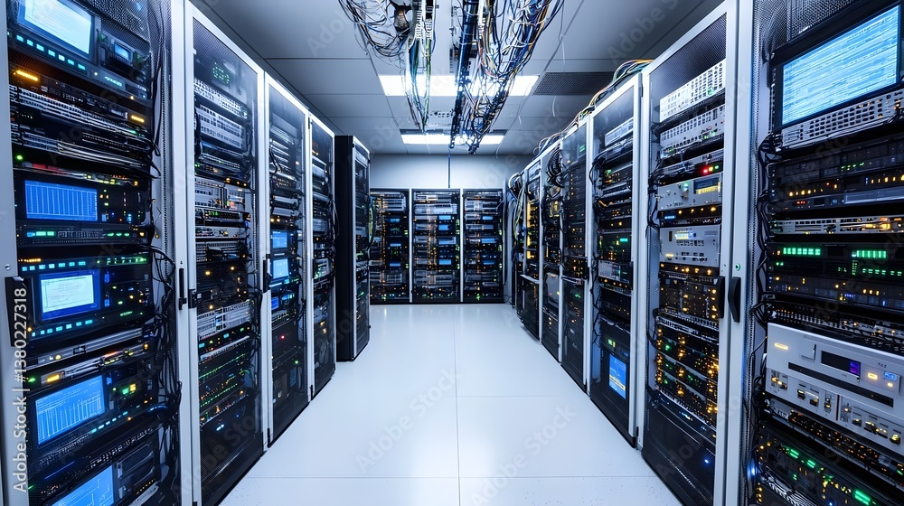 Aufkleber An interior view of a large highly organized data center filled with rows of computer servers network switches and other digital infrastructure equipment