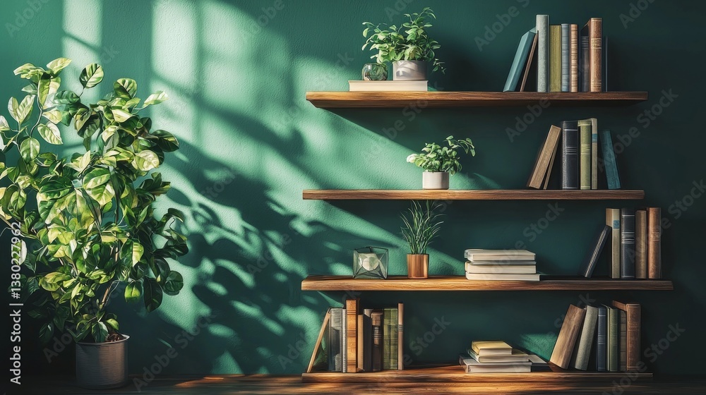 Poster Warm light filters through a window, casting shadows on a stylish shelving unit filled with books and decorative plants, enhancing the tranquil atmosphere of the space