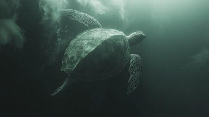 Obraz premium Graceful turtle swimming freely in the deep blue ocean surrounded by vibrant coral reefs and sunlight reflection