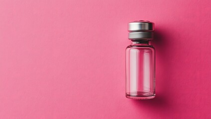 A glass ampoule filled with liquid, visible through its transparency, on a pink background, related to healthcare and pharmaceuticals