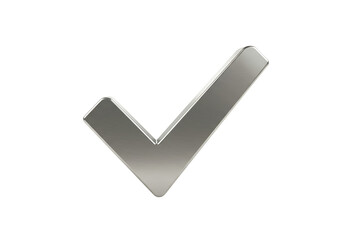 Metallic Check Mark Icon Glossy Silver Finish on White Background