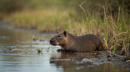 Capibara descansando en la orilla de los humedales del Pantanal brasile&ntilde;o