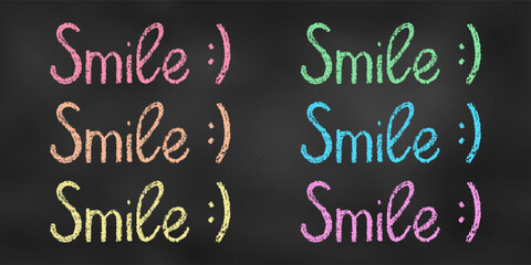 Children's Chalk Handwritten Sketch. Set of Design Elements Colored Words Smile Isolated on Chalkboard Backdrop.