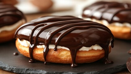 Flavorful eclairs with a chocolate drizzle. Charming pastry. Deliciously sweet confection. Irresistible dessert