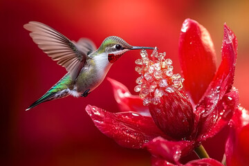 Fototapeta premium Ruby throated hummingbird hovering and drinking nectar from red flower