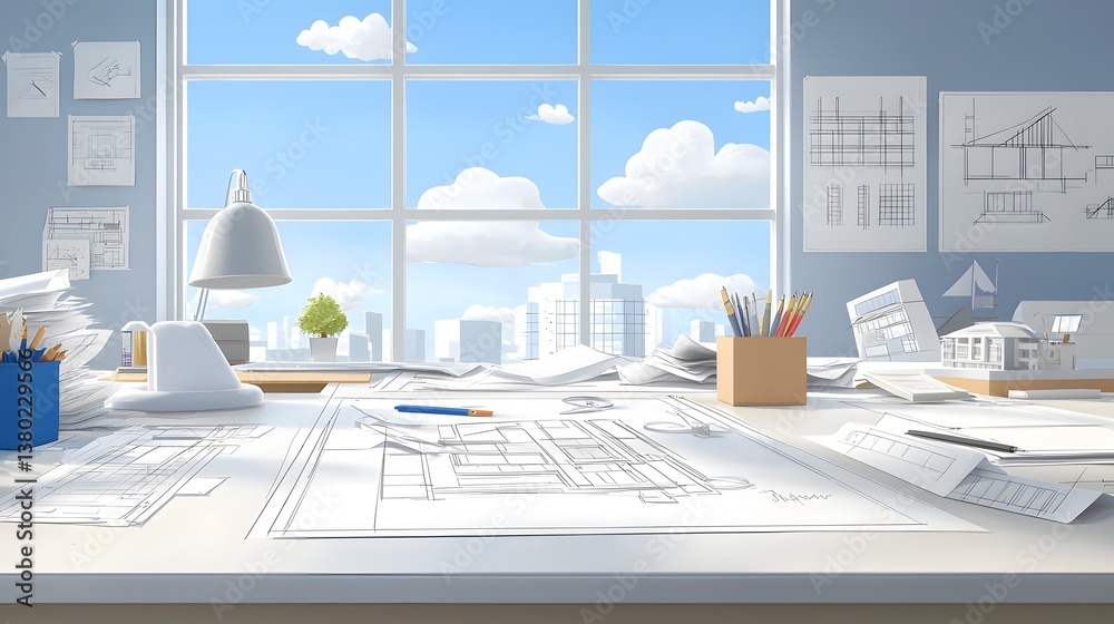 Aufkleber Bright and organized architect s office featuring drafting table blueprints scale models and a cityscape view through the window