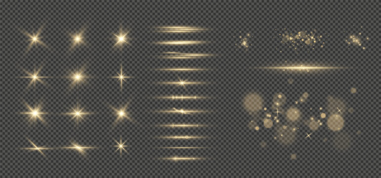 golden christmas lights.Light effects.Wind glare, explosions, shine, dust, lines, solar flares, sparks, sequins, stars, curved curls. Glow special effect of light