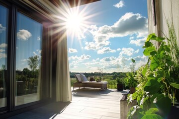 Bright sunny day on a deck with lush greenery and a stunning view of the landscape
