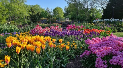 A garden full of flowers with a variety of colors including yellow, pink, purple