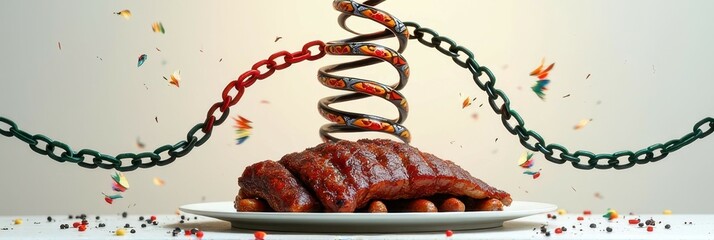 Bbq ribs on sausage with artistic chains and spiral spring