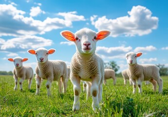 Obraz premium A herd of sheep in a grassy field looking at the camera