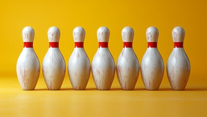 Naklejka premium White bowling pins set against a bright yellow background, representing sports, leisure, and competition