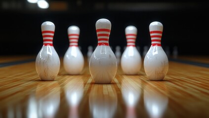 Against a black background, white bowling pins symbolize sport, leisure, and competition