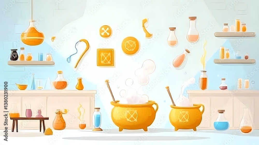 Poster colorful and whimsical of an alchemist s laboratory filled with bubbling cauldrons glassware and mys