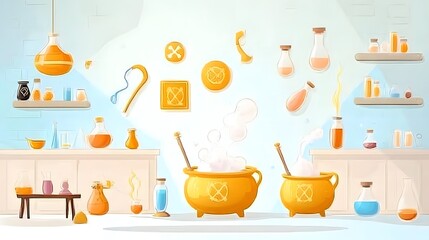 Colorful and whimsical of an alchemist s laboratory filled with bubbling cauldrons glassware and mystical symbols evoking a sense of discovery and the pursuit of arcane knowledge