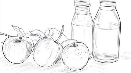 Sketch Apples and juice bottles on wood