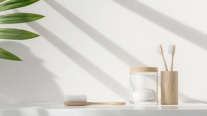Minimalistic bathroom setup with eco-friendly bamboo toothbrushes and natural light casting shadows.