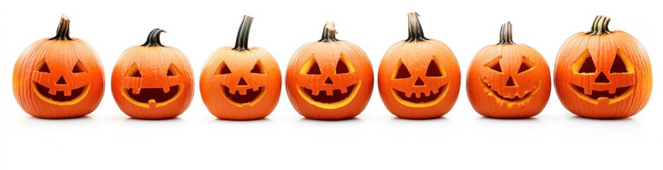 A row of intricately carved pumpkins displayed on a white background