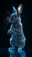  a fantasy rabbit with lights on black background.