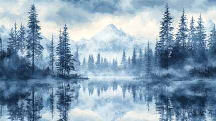 Fototapeta premium The mountains stand tall and proud against the twilight sky, their reflections shimmering in the serene lake encircled by thick forests. The scene radiates peace and natural splendor