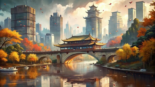 Double Exposure: Anshun Bridge, Chengdu Autumn Scenery & Jinjiang River Reflection