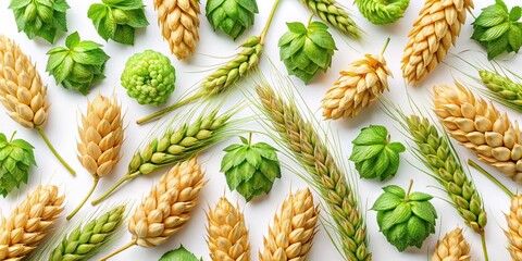 Hop Cones and Wheat Ears Pattern: Rustic Autumn Harvest Top View