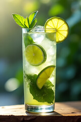 beautifully arranged Mojito cocktail in a highball glass with fresh mint leaves, lime wedges, and ice cubes, set against a clean