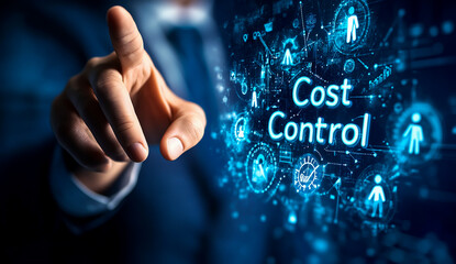 Businessman touching a transparent screen with the word Cost Control. This is a financial concept representing cost control, growth, and expansion on a virtual interface background