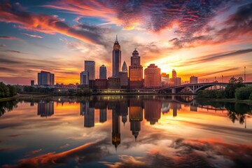 Fototapeta premium Double Exposure: Columbus Ohio Sunset, Scioto River Skyline