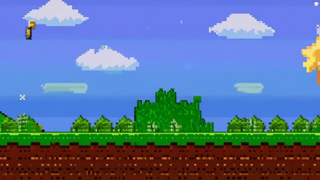 Pixel art game landscape with green trees, blue sky, clouds, and jumping character in retro 8-bit platformer style