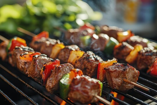 Closeup of a grill with meat skewers and fresh vegetables