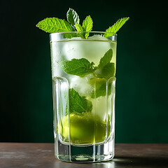 vibrant Mojito cocktail served in a tall glass with intricate details of ice, lime slices, and fresh mint. The image has soft, natural lighting