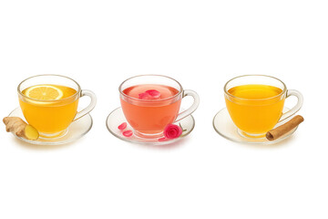 set of three glass cups of herbal tea isolated on transparent background: ginger lemon, rose, and cinnamon. Concept of wellness, natural drinks, and immunity-boosting beverages