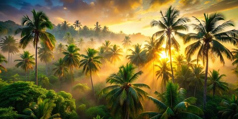 Misty Jungle Sunrise: Backlit Tropical Palm Trees Stock Photo