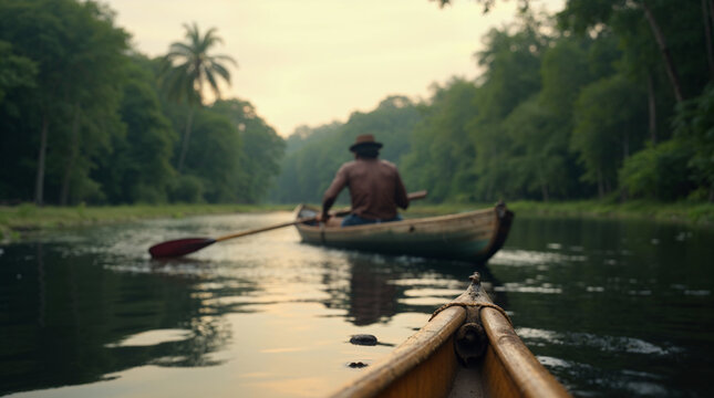Hombre remando en canoa por r&iacute;o de la selva amaz&oacute;nica al atardecer