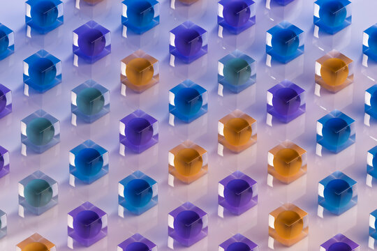 Color ball inside a glass cube pattern with vibrant colors and geometric arrangement