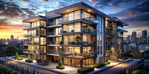 Modern Luxury Apartment Building Exterior at Dusk - City Skyline View