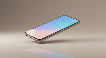 A modern smartphone with a sleek glass body, floating above a reflective surface with soft studio lighting, emphasizing premium design