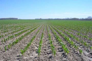 Rows of Young Corn Plants Growing in a Field Under Blue Sky