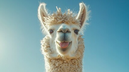 Obraz premium A fluffy llama looking towards the viewer with its tongue out