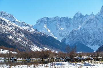 Landscape with Lake Tumanly-Gel or Tumanly-Kol (Foggy Lake) in valley of Gonachkhir River in Teberdinsky National Park. Dombay, Karachay-Cherkessia, Russia