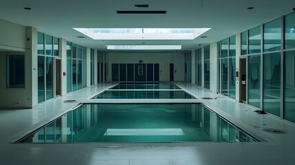 Eerie and atmospheric image of an abandoned deep sea research laboratory with glass encased tunnels stretching out into the mysterious darkened depths