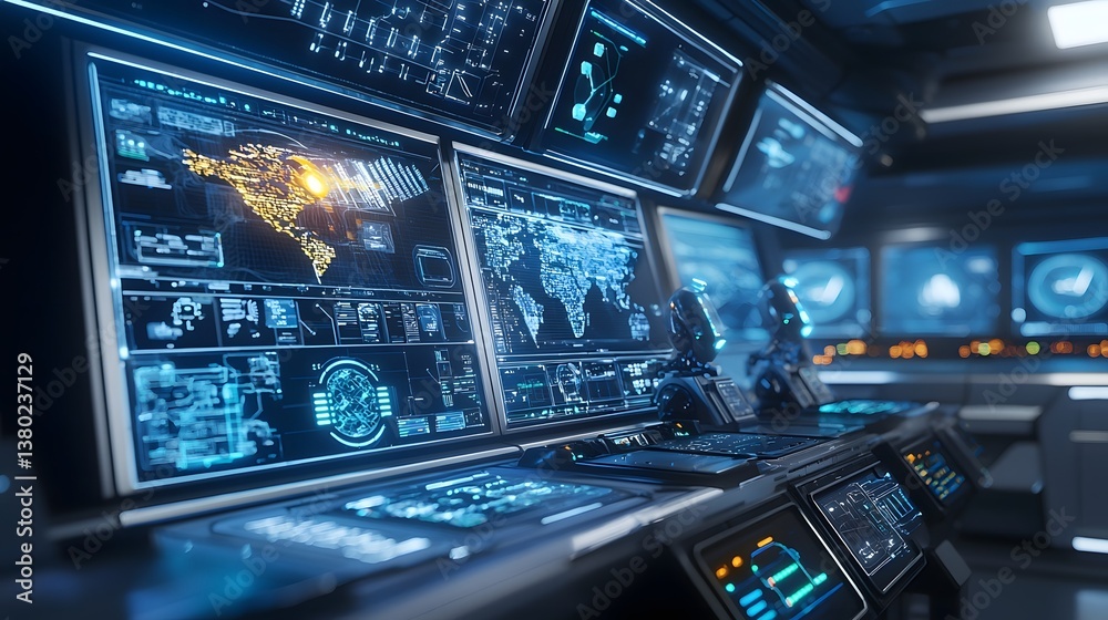 Leinwandbilder futuristic command center with multiple digital screens control panels and robotic assistants monito