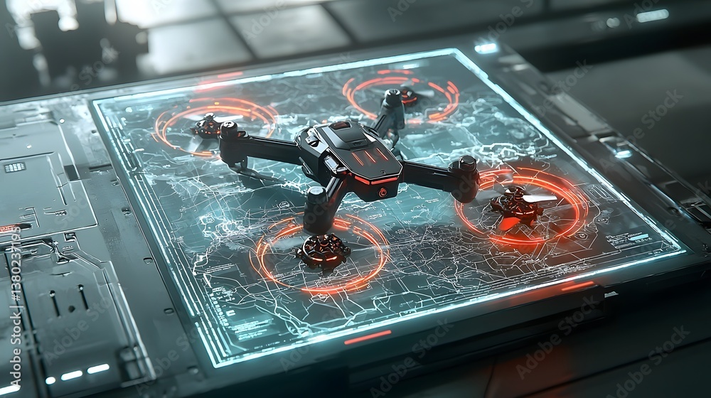 Fototapete futuristic drone warfare control station displaying holographic maps and data with autonomous attack